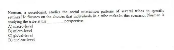 Norman, a sociologist, studies the social interaction patterns of several tribes in specific settings.He focuses on the choices that individuals in a tribe make.In this scenario, Norman is studying the tribe at the ________ perspective.
A) macro-level
B) micro-level
C) global-level
D) nuclear-level