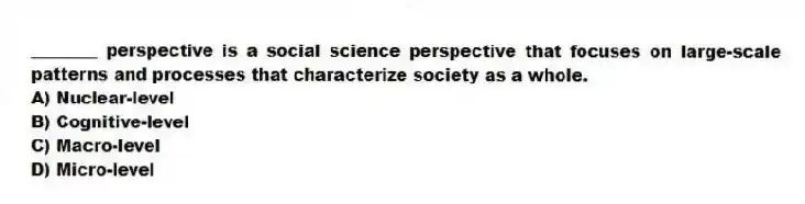 ________ perspective is a social science perspective that focuses on large-scale patterns and processes that characterize society as a whole.
A) Nuclear-level
B) Cognitive-level
C) Macro-level
D) Micro-level