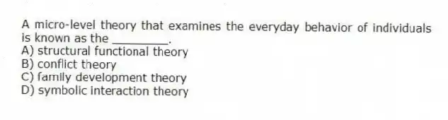 A micro-level theory that examines the everyday behavior of individuals is known as the ________.
A) structural functional theory
B) conflict theory
C) family development theory
D) symbolic interaction theory
