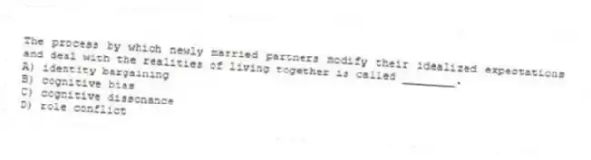 The process by which newly married partners modify their idealized expectations and deal with the realities of living together is called ________.
A) identity bargaining
B) cognitive bias
C) cognitive dissonance
D) role conflict