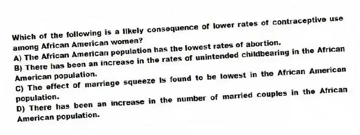 Which of the following is a likely consequence of lower rates of contraceptive use among African American women?
A) The African American population has the lowest rates of abortion.
B) There has been an increase in the rates of unintended childbearing in the African American population.
C) The effect of marriage squeeze is found to be lowest in the African American population.
D) There has been an increase in the number of married couples in the African American population.