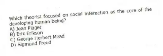 Which theorist focused on social interaction as the core of the developing human being?
A) Jean Piaget
B) Erik Erikson
C) George Herbert Mead
D) Sigmund Freud