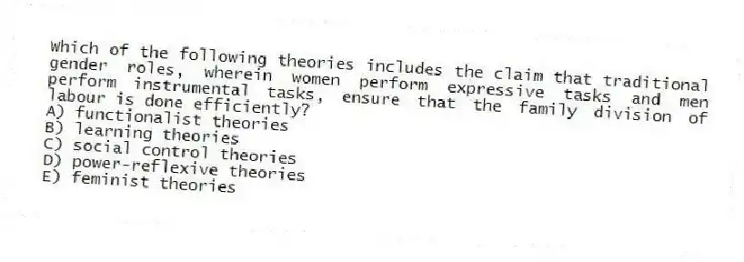 Which of the following theories includes the claim that traditional gender roles, wherein women perform expressive tasks and men perform instrumental tasks, ensure that the family division of labour is done efficiently?
A) functionalist theories
B) learning theories
C) social control theories
D) power-reflexive theories
E) feminist theories