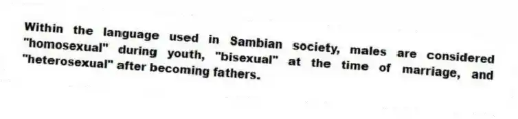 Within the language used in Sambian society, males are considered "homosexual" during youth, "bisexual" at the time of marriage, and "heterosexual" after becoming fathers.