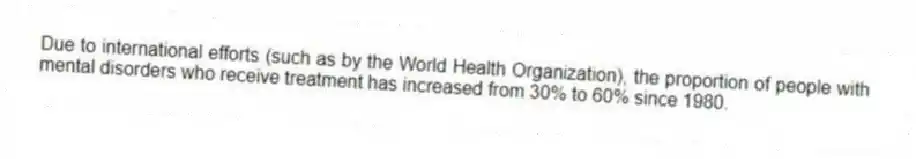 Due to international efforts (such as by the World Health Organization), the proportion of people with mental disorders who receive treatment has increased from 30% to 60% since 1980.