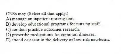 CNSs may (Select all that apply.)
A) manage an inpatient nursing unit.
B) develop educational programs for nursing staff.
C) conduct practice outcomes research.
D) prescribe medications for common illnesses.
E) attend or assist in the delivery of low-risk newborns.