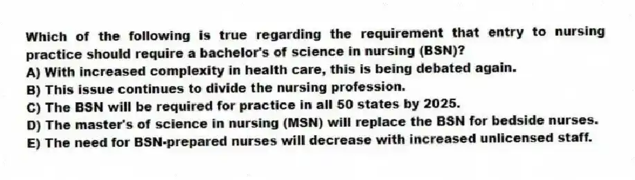 Which of the following is true regarding the requirement that entry to nursing practice should require a bachelor's of science in nursing (BSN)?
A) With increased complexity in health care, this is being debated again.
B) This issue continues to divide the nursing profession.
C) The BSN will be required for practice in all 50 states by 2025.
D) The master's of science in nursing (MSN) will replace the BSN for bedside nurses.
E) The need for BSN-prepared nurses will decrease with increased unlicensed staff.