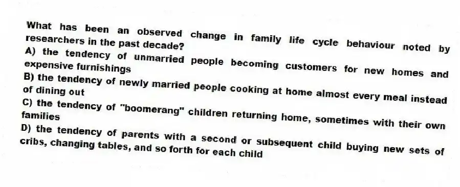 What has been an observed change in family life cycle behaviour noted by researchers in the past decade?
A) the tendency of unmarried people becoming customers for new homes and expensive furnishings
B) the tendency of newly married people cooking at home almost every meal instead of dining out
C) the tendency of "boomerang" children returning home, sometimes with their own families
D) the tendency of parents with a second or subsequent child buying new sets of cribs, changing tables, and so forth for each child