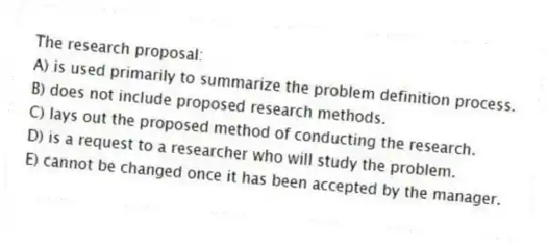 The research proposal:
A) is used primarily to summarize the problem definition process.
B) does not include proposed research methods.
C) lays out the proposed method of conducting the research.
D) is a request to a researcher who will study the problem.
E) cannot be changed once it has been accepted by the manager.