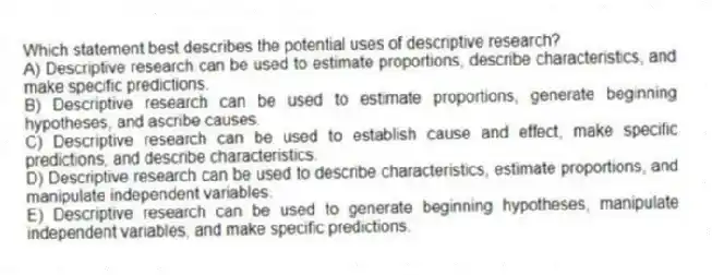 Which statement best describes the potential uses of descriptive research?
A) Descriptive research can be used to estimate proportions, describe characteristics, and make specific predictions.
B) Descriptive research can be used to estimate proportions, generate beginning hypotheses, and ascribe causes.
C) Descriptive research can be used to establish cause and effect, make specific predictions, and describe characteristics.
D) Descriptive research can be used to describe characteristics, estimate proportions, and manipulate independent variables.
E) Descriptive research can be used to generate beginning hypotheses, manipulate independent variables, and make specific predictions.