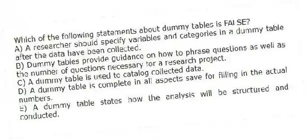 Which of the following statements about dummy tables is FALSE?
A) A researcher should specify variables and categories in a dummy table after the data have been collected.
B) Dummy tables provide guidance on how to phrase questions as well as the number of questions necessary for a research project.
C) A dummy table is used to catalog collected data.
D) A dummy table is complete in all aspects save for filling in the actual numbers.
E) A dummy table states how the analysis will be structured and conducted.