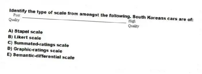 Identify the type of scale from amongst the following. South Koreans cars are of:

A) Stapel scale 
B) Likert scale 
C) Summated-ratings scale 
D) Graphic-ratings scale 
E) Semantic-differential scale

