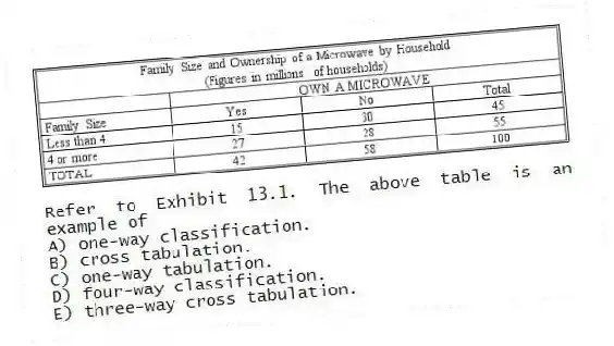 -Refer to Exhibit 13.1. The above table is an example of
A) one-way classification.
B) cross tabulation.
C) one-way tabulation.
D) four-way classification.
E) three-way cross tabulation.