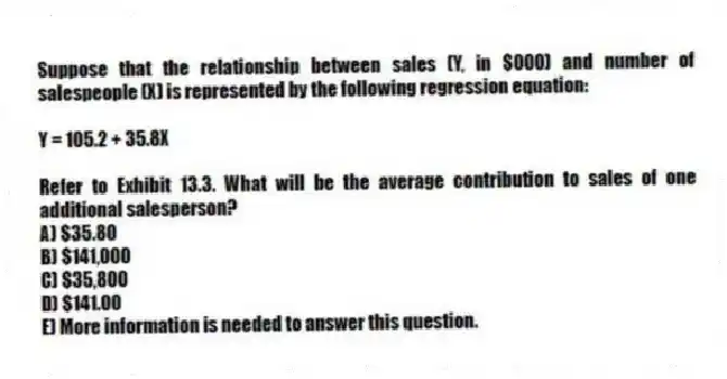 Suppose that the relationship between sales (Y, in $000) and number of salespeople (X) is represented by the following regression equation:
Y = 105.2 + 35.8X
-Refer to Exhibit 13.3. What will be the average contribution to sales of one additional salesperson?
A) $35.80
B) $141,000
C) $35,800
D) $141.00
E) More information is needed to answer this question.