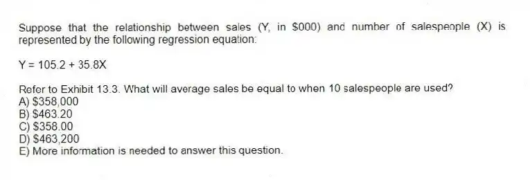 Suppose that the relationship between sales (Y, in $000) and number of salespeople (X) is represented by the following regression equation:
Y = 105.2 + 35.8X
-Refer to Exhibit 13.3. What will average sales be equal to when 10 salespeople are used?
A) $358,000
B) $463.20
C) $358.00
D) $463,200
E) More information is needed to answer this question.