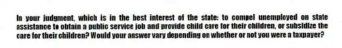 In your judgment, which is in the best interest of the state: to compel unemployed on state assistance to obtain a public service job and provide child care for their children, or subsidize the care for their children? Would your answer vary depending on whether or not you were a taxpayer?