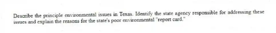 Describe the principle environmental issues in Texas. Identify the state agency responsible for addressing these issues and explain the reasons for the state's poor environmental "report card."