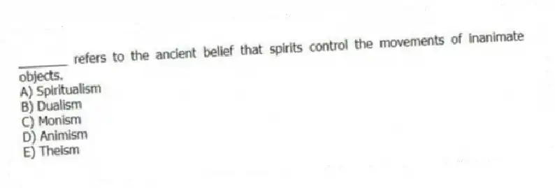_______ refers to the ancient belief that spirits control the movements of inanimate objects.
A) Spiritualism
B) Dualism
C) Monism
D) Animism
E) Theism