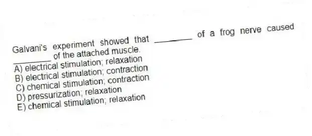 Galvani's experiment showed that ________ of a frog nerve caused ________ of the attached muscle.
A) electrical stimulation; relaxation
B) electrical stimulation; contraction
C) chemical stimulation; contraction
D) pressurization; relaxation
E) chemical stimulation; relaxation