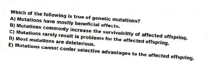 Which of the following is true of genetic mutations?
A) Mutations have mostly beneficial effects.
B) Mutations commonly increase the survivability of affected offspring.
C) Mutations rarely result in problems for the affected offspring.
D) Most mutations are deleterious.
E) Mutations cannot confer selective advantages to the affected offspring.