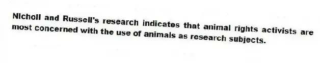 Nicholl and Russell's research indicates that animal rights activists are most concerned with the use of animals as research subjects.