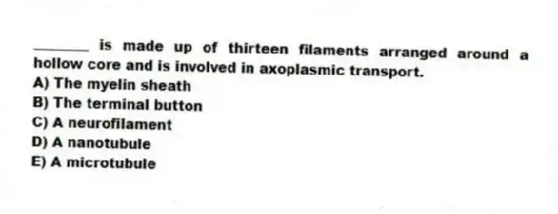 ________ is made up of thirteen filaments arranged around a hollow core and is involved in axoplasmic transport.
A) The myelin sheath
B) The terminal button
C) A neurofilament
D) A nanotubule
E) A microtubule