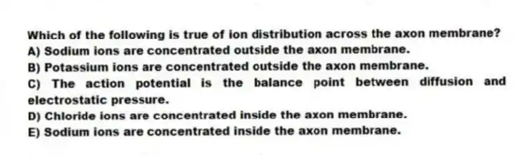 Which of the following is true of ion distribution across the axon membrane?
A) Sodium ions are concentrated outside the axon membrane.
B) Potassium ions are concentrated outside the axon membrane.
C) The action potential is the balance point between diffusion and electrostatic pressure.
D) Chloride ions are concentrated inside the axon membrane.
E) Sodium ions are concentrated inside the axon membrane.