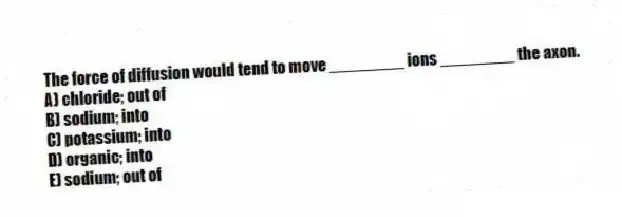 The force of diffusion would tend to move ________ ions ________ the axon.
A) chloride; out of
B) sodium; into
C) potassium; into
D) organic; into
E) sodium; out of