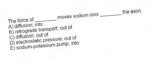 The force of ________ moves sodium ions ________ the axon
A) diffusion; into
B) retrograde transport; out of
C) diffusion; out of
D) electrostatic pressure; out of
E) sodium-potassium pump; into
