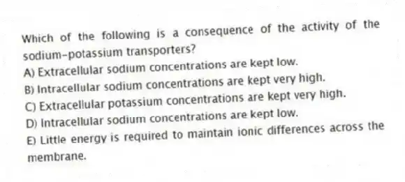 Which of the following is a consequence of the activity of the sodium-potassium transporters?
A) Extracellular sodium concentrations are kept low.
B) Intracellular sodium concentrations are kept very high.
C) Extracellular potassium concentrations are kept very high.
D) Intracellular sodium concentrations are kept low.
E) Little energy is required to maintain ionic differences across the membrane.