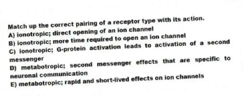 Match up the correct pairing of a receptor type with its action.
A) ionotropic; direct opening of an ion channel
B) ionotropic; more time required to open an ion channel
C) ionotropic; G-protein activation leads to activation of a second messenger
D) metabotropic; second messenger effects that are specific to neuronal communication
E) metabotropic; rapid and short-lived effects on ion channels