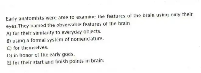 Early anatomists were able to examine the features of the brain using only their eyes.They named the observable features of the brain
A) for their similarity to everyday objects.
B) using a formal system of nomenclature.
C) for themselves.
D) in honor of the early gods.
E) for their start and finish points in brain.