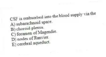 CSF is reabsorbed into the blood supply via the
A) subarachnoid space.
B) choroid plexus.
C) foramen of Magendie.
D) nodes of Ranvier.
E) cerebral aqueduct.