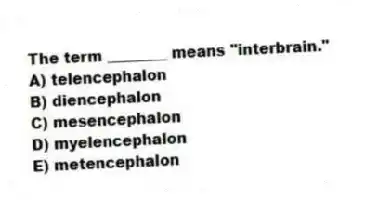 The term ________ means "interbrain."
A) telencephalon
B) diencephalon
C) mesencephalon
D) myelencephalon
E) metencephalon