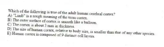 Which of the following is true of the adult human cerebral cortex?
A) "Limb" is a rough meaning of the term cortex.
B) The outer surface of cortex is smooth like a balloon.
C) The cortex is about 3 mm in thickness.
D) The size of human cortex, relative to body size, is smaller than that of any other species.
E) Human cortex is composed of 9 distinct cell layers.
