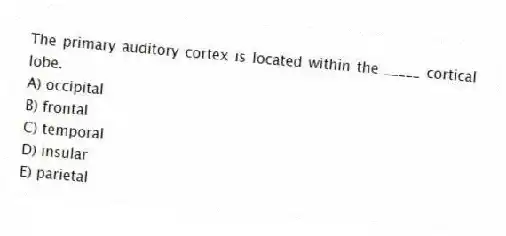 The primary auditory cortex is located within the _____ cortical lobe.
A) occipital
B) frontal
C) temporal
D) insular
E) parietal