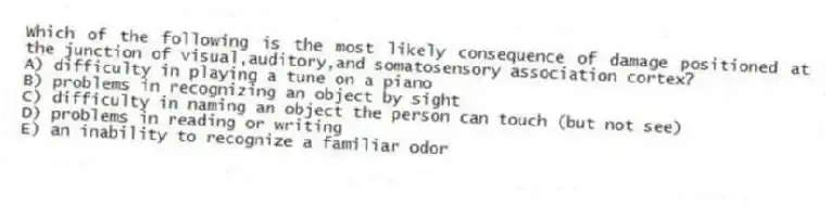 Which of the following is the most likely consequence of damage positioned at the junction of visual,auditory,and somatosensory association cortex?
A) difficulty in playing a tune on a piano
B) problems in recognizing an object by sight
C) difficulty in naming an object the person can touch (but not see)
D) problems in reading or writing
E) an inability to recognize a familiar odor