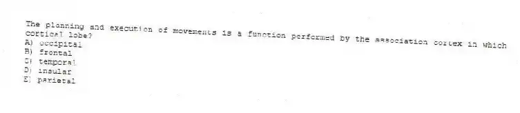 The planning and execution of movements is a function performed by the association cortex in which cortical lobe?
A) occipital
B) frontal
C) temporal
D) insular
E) parietal