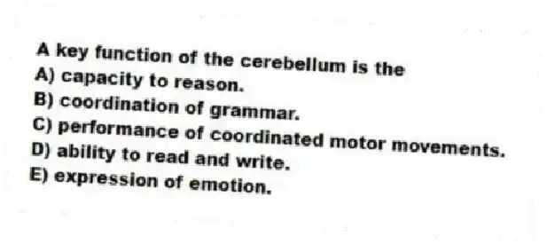 A key function of the cerebellum is the
A) capacity to reason.
B) coordination of grammar.
C) performance of coordinated motor movements.
D) ability to read and write.
E) expression of emotion.