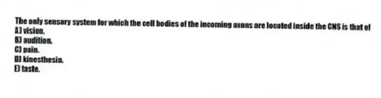 The only sensory system for which the cell bodies of the incoming axons are located inside the CNS is that of
A) vision.
B) audition.
C) pain.
D) kinesthesia.
E) taste.