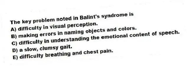 The key problem noted in Balint's syndrome is
A) difficulty in visual perception.
B) making errors in naming objects and colors.
C) difficulty in understanding the emotional content of speech.
D) a slow, clumsy gait.
E) difficulty breathing and chest pain.