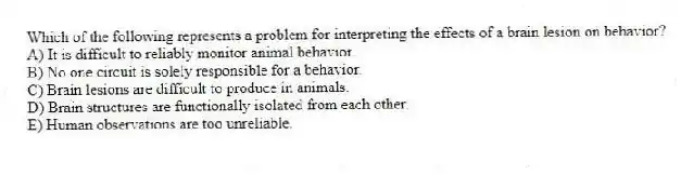 Which of the following represents a problem for interpreting the effects of a brain lesion on behavior?
A) It is difficult to reliably monitor animal behavior.
B) No one circuit is solely responsible for a behavior.
C) Brain lesions are difficult to produce in animals.
D) Brain structures are functionally isolated from each other.
E) Human observations are too unreliable.