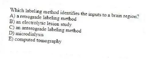 Which labeling method identifies the inputs to a brain region?
A) a retrograde labeling method
B) an electrolytic lesion study
C) an anterograde labeling method
D) microdialysis
E) computed tomography