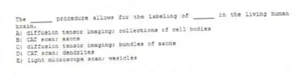 The ______ procedure allows for the labeling of ______ in the living human brain.
A) diffusion tensor imaging; collections of cell bodies
B) CAT scan; axons
C) diffusion tensor imaging; bundles of axons
D) CAT scan; dendrites
E) light microscope scan; vesicles