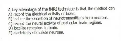 A key advantage of the fMRI technique is that the method can
A) record the electrical activity of brain.
B) induce the secretion of neurotransmitters from neurons.
C) record the neural activity of particular brain regions.
D) localize receptors in brain.
E) electrically stimulate neurons.