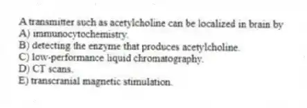A transmitter such as acetylcholine can be localized in brain by
A) immunocytochemistry.
B) detecting the enzyme that produces acetylcholine.
C) low-performance liquid chromatography.
D) CT scans.
E) transcranial magnetic stimulation.