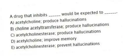 A drug that inhibits ______ would be expected to ______.
A) acetylcholine; produce hallucinations
B) choline acetyltransferase; produce hallucinations
C) acetylcholinesterase; produce hallucinations
D) acetylcholine; improve memory
E) acetylcholinesterase; prevent hallucinations
