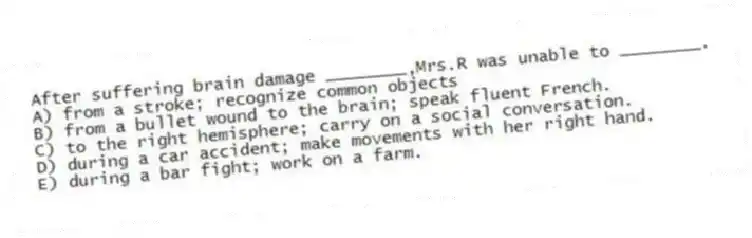 After suffering brain damage ________,Mrs.R was unable to ________.
A) from a stroke; recognize common objects
B) from a bullet wound to the brain; speak fluent French.
C) to the right hemisphere; carry on a social conversation.
D) during a car accident; make movements with her right hand.
E) during a bar fight; work on a farm.