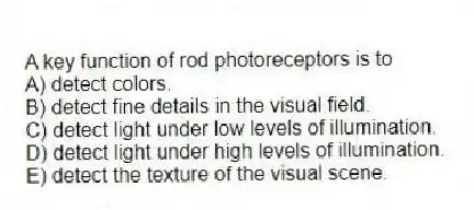 A key function of rod photoreceptors is to
A) detect colors.
B) detect fine details in the visual field.
C) detect light under low levels of illumination.
D) detect light under high levels of illumination.
E) detect the texture of the visual scene.