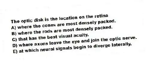 The optic disk is the location on the retina
A) where the cones are most densely packed.
B) where the rods are most densely packed.
C) that has the best visual acuity.
D) where axons leave the eye and join the optic nerve.
E) at which neural signals begin to diverge laterally.